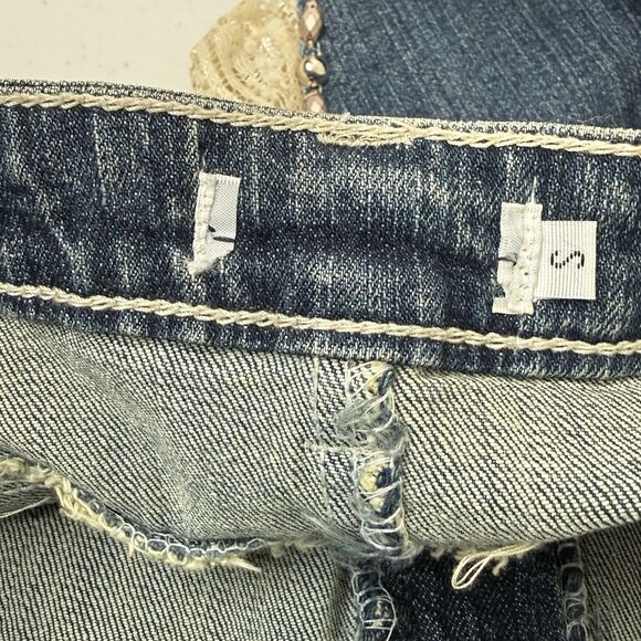 VTG Y2K Boho Fairycore Denim Ruffle Skirt Asymmetrical Lace Beaded Sz S Festival - Picture 12 of 14